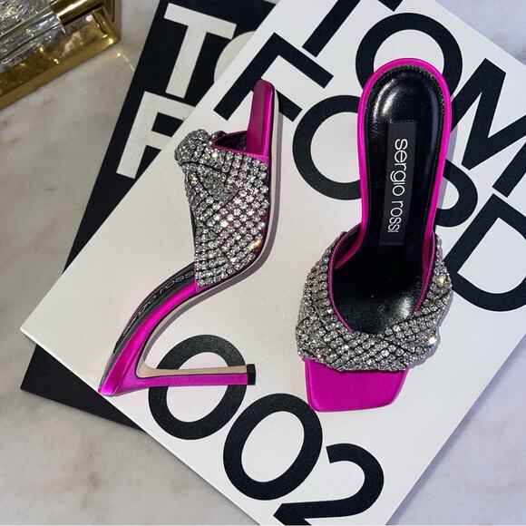 Sergio Rossi 95mm Tyra Embellished Satin Mules in Fuchsia - Picture 1 of 10